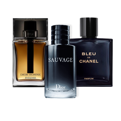 Combo promozionale di 3 profumi Sauvage Dior, Bleu de Chanel, y Dior Homme Intense 100ml